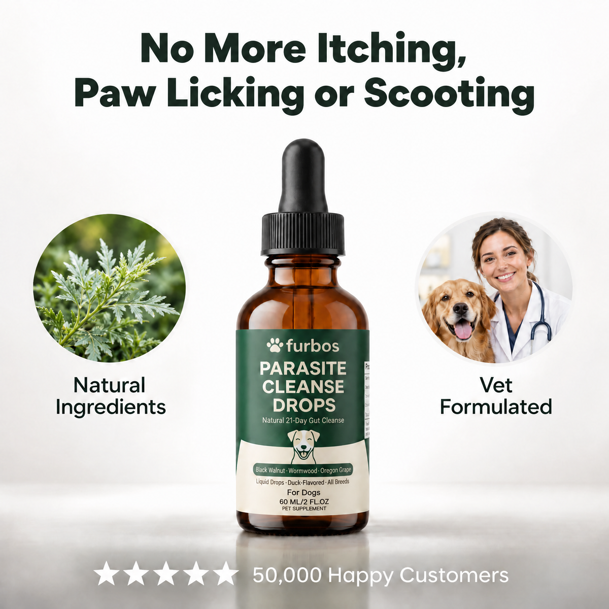 Furbos Parasite Cleanse Drops bottle with natural ingredients and vet formulated: no more itching, paw licking or scooting