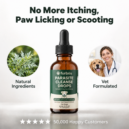 Furbos Parasite Cleanse Drops bottle with natural ingredients and vet formulated: no more itching, paw licking or scooting