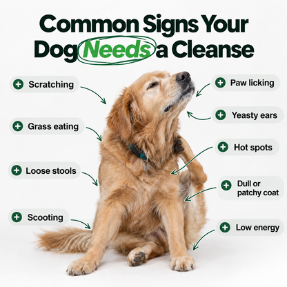Common signs your dog needs a parasite cleanse: scratching, paw licking, yeasty ears, hot spots, grass eating, loose stools, scooting, dull coat, low energy