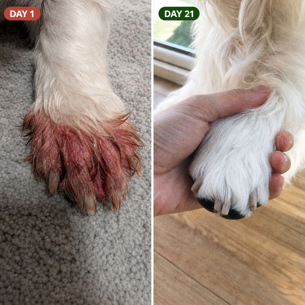 Day 1 and day 21: a dog's paws licked raw, then calm and healthy
