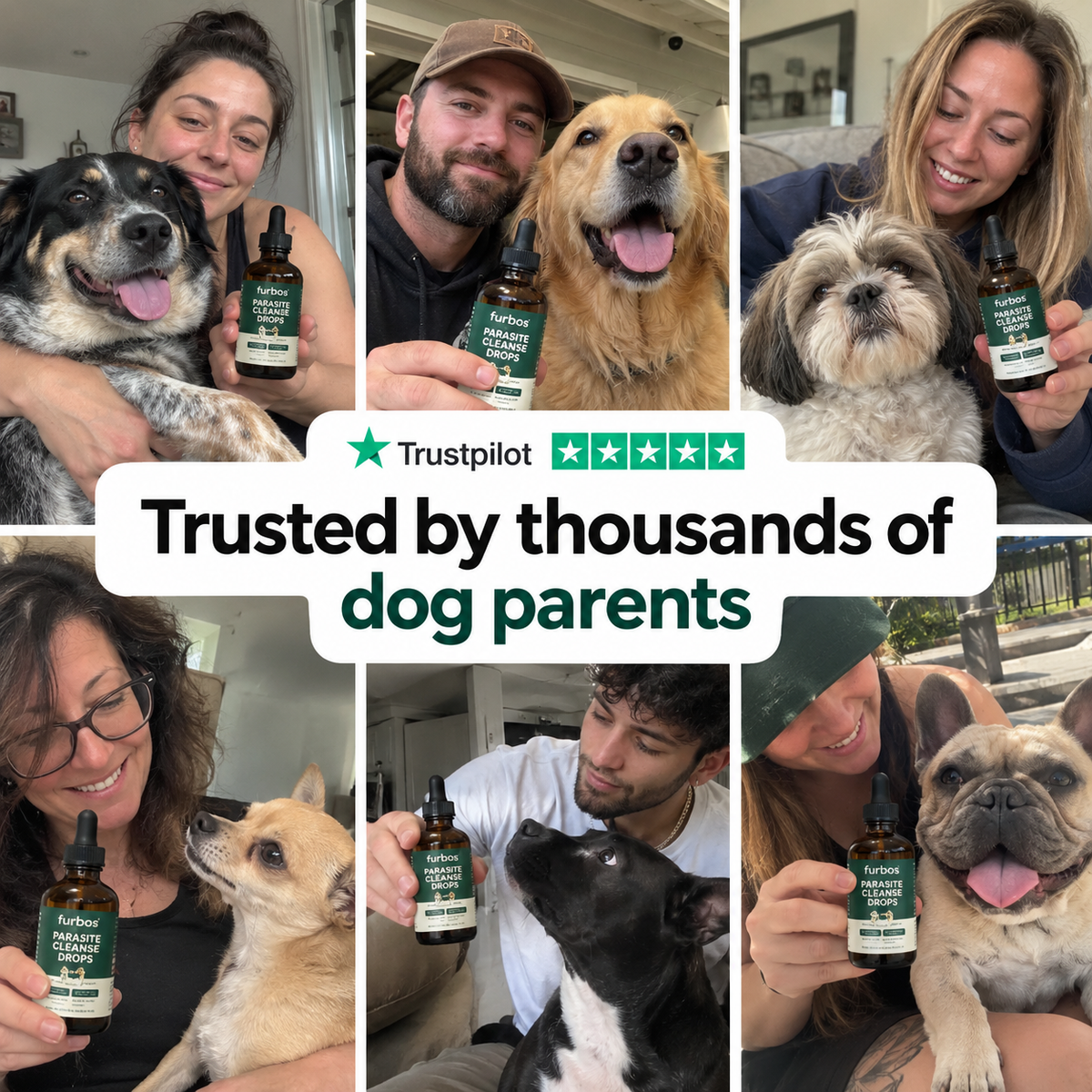 Trusted by thousands of dog parents: owners with their dogs and Furbos Parasite Cleanse Drops