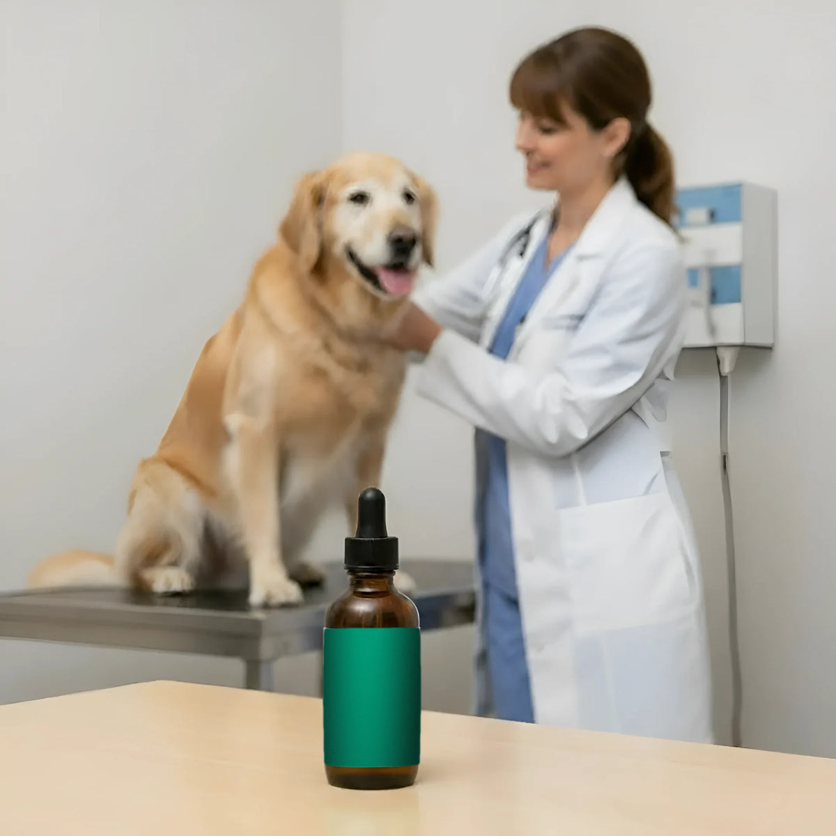 Furbos Liquid Collagen on a vet's exam table